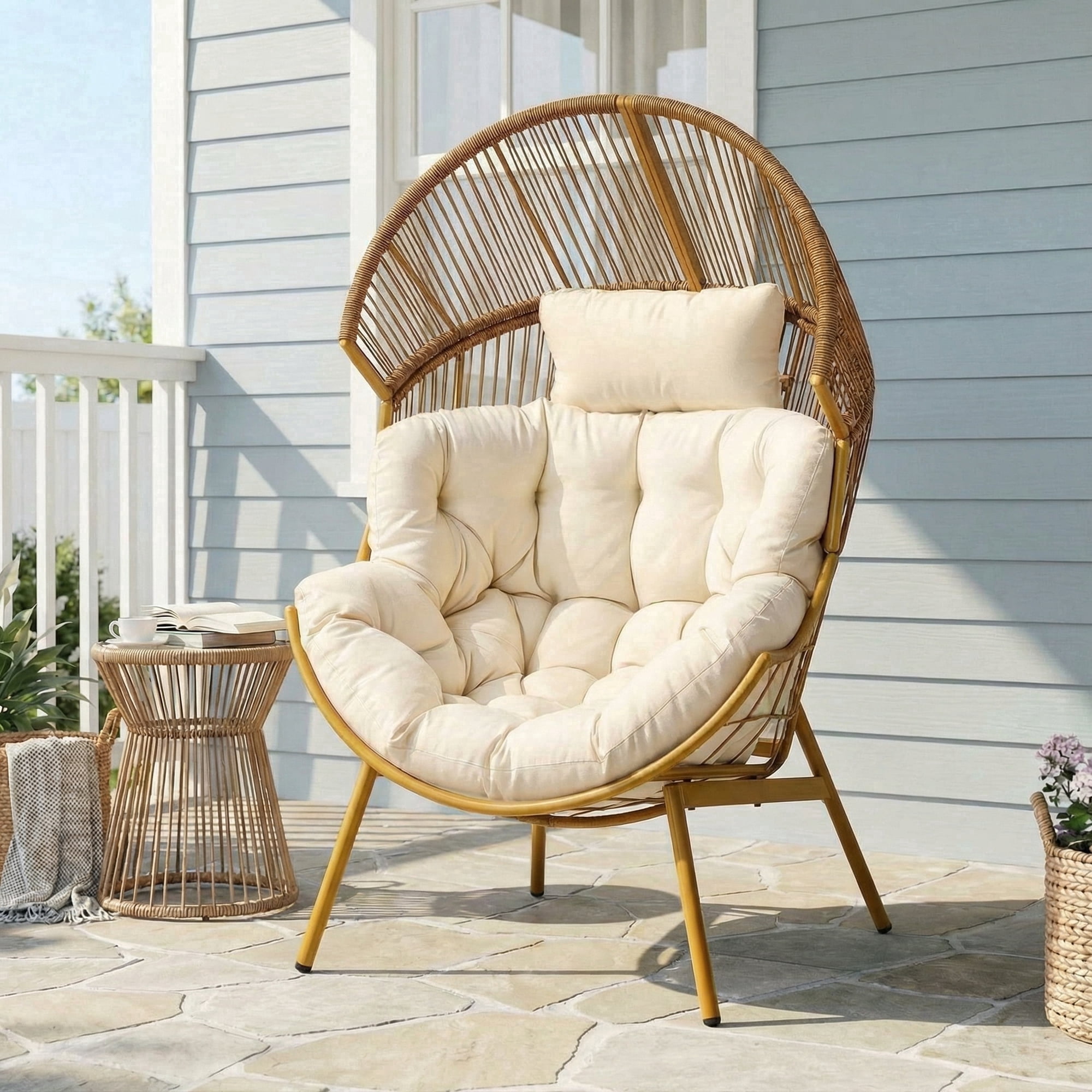 Dovov Oversized Egg Chair with Thick Cushion, Wicker Lounge Chair Rattan Patio Chair Indoor Outdoor Patio Lounger Basket Chair w/ Steel Frame, 500lbs Capacity, Beige