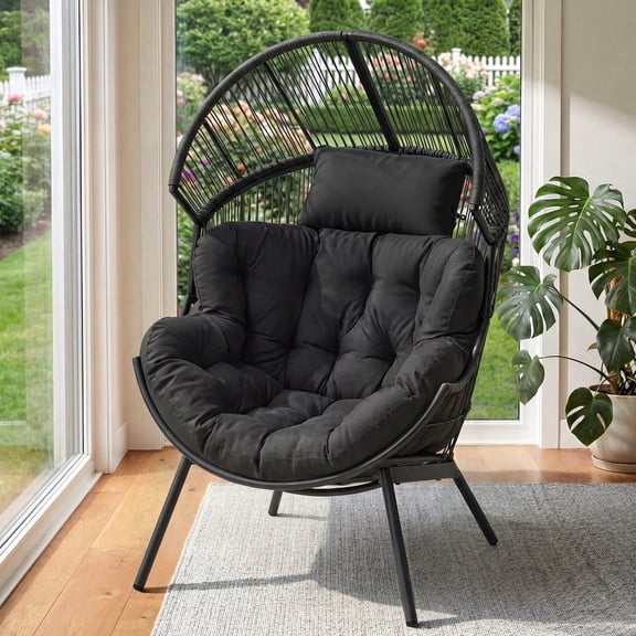 Dovov Oversized Egg Chair with Thick Cushion, Indoor Outdoor Patio Lounger Wicker Basket Chair Rattan Patio Chair, 500lbs Capacity, Gray