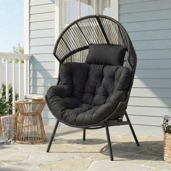Dovov Oversized Egg Chair with Thick Cushion, Wicker Lounge Chair Rattan Patio Chair Indoor Outdoor Patio Lounger Basket Chair w/ Steel Frame, 500lbs Capacity, Gray