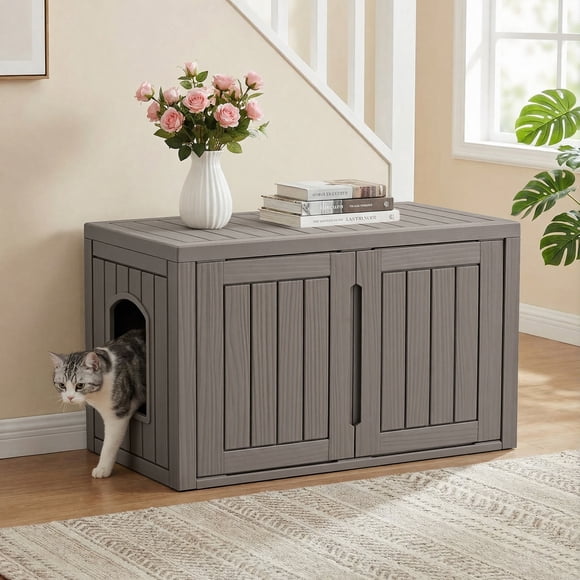 Dovov Oversized Hidden Cat Litter Box Enclosure Furniture, Multi-Functional Cat Washroom Bench with Removable Divider, Large Litter Box Storage Cabinet, Brown