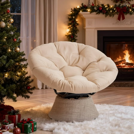 Dovov 360 Swivel Papasan Chair with Fabric Cushion, Comfy Papasan Accent Chair Oversized Metal Frame Round Lounge Chair, Beige
