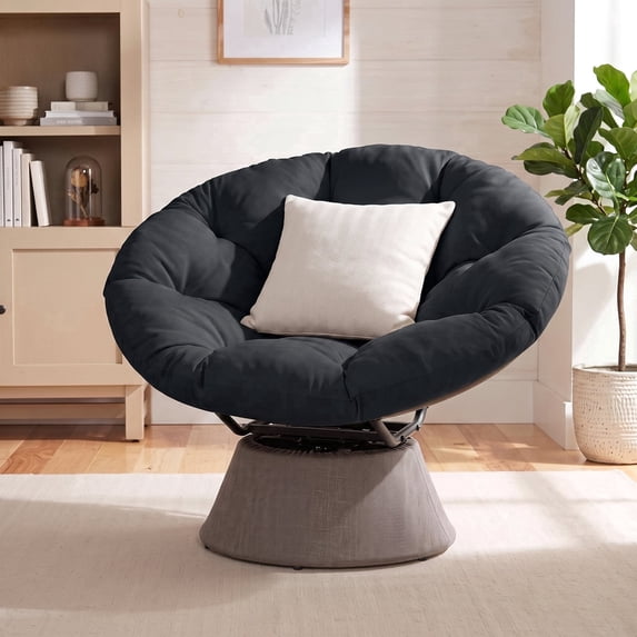 Dovov Papasan Chair, 360 Degree Swivel Papasan Accent Chair with Cushion, Oversized Ergonomic Chair Comfy Metal Round Swivel Chair Lounger for Living Room Bedroom Office, 440 Lbs Capacity, Black