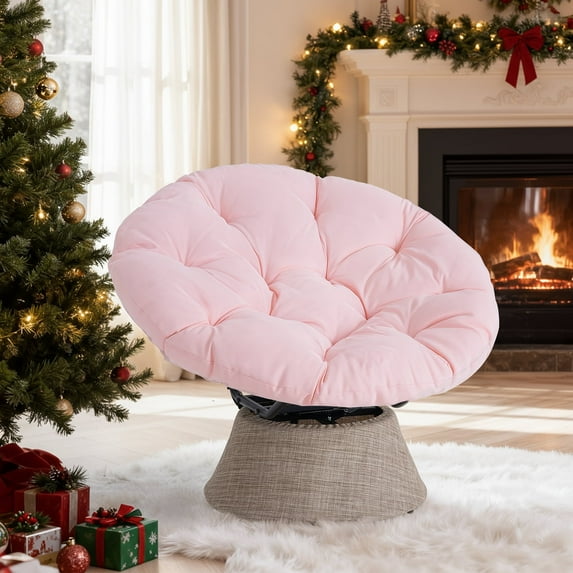 Dovov 360 Swivel Papasan Chair with Fabric Cushion, Comfy Papasan Accent Chair Oversized Metal Frame Round Lounge Chair, Pink