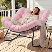 Dovov Oversized Papasan Rocking Chair, Indoor Outdoor Rocking Chair Patio Egg Chair with Cushion, Heavy Duty Steel Papasan Rocker Lounge Chair for Porch Balcony Nursery Living Room, Pink