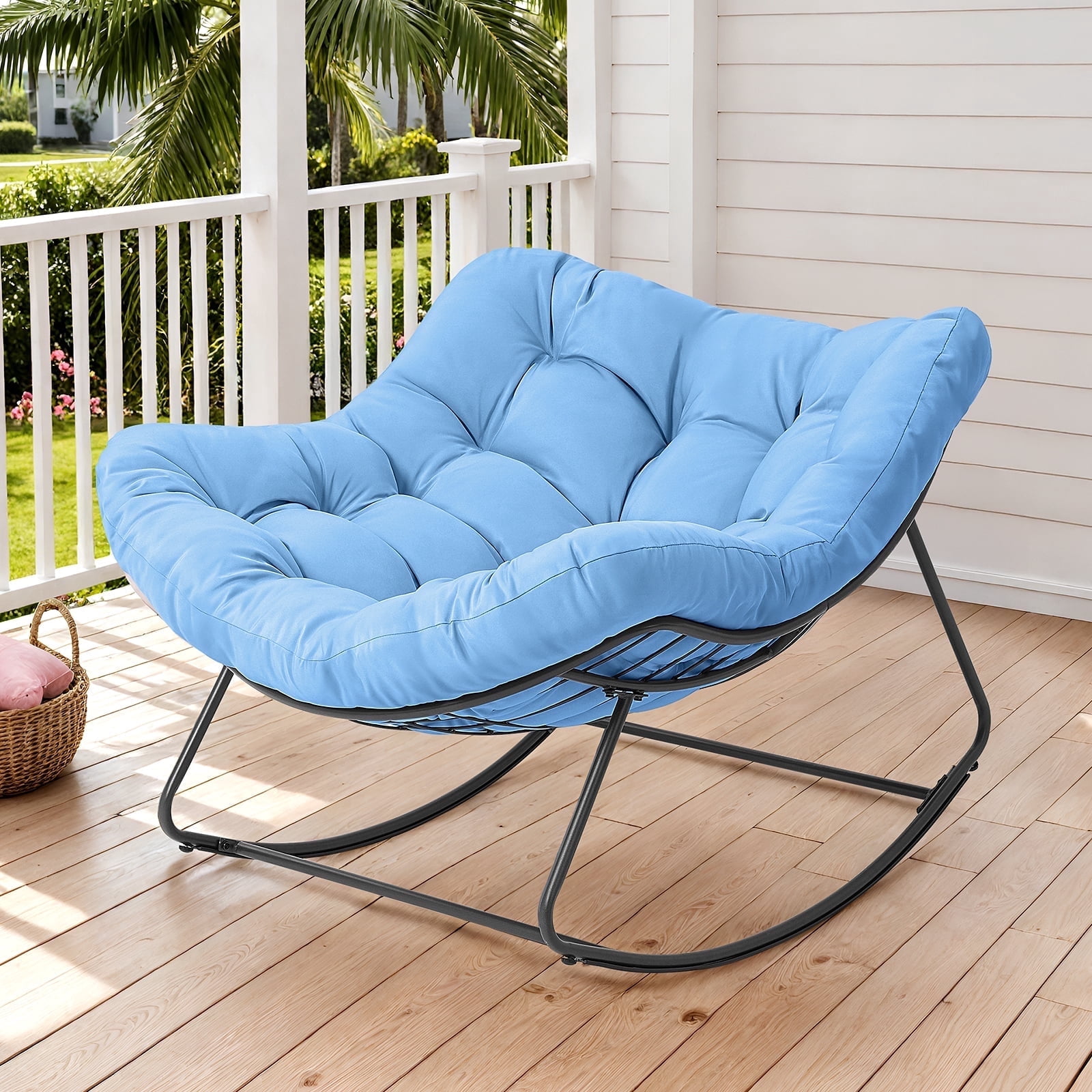 Dovov Oversized Papasan Rocking Chair, Indoor Outdoor Rocking Papasan Chair Steel Outdoor Rocker with Padded Cushion for Bedroom Living Room Patio Garden Porch Backyard Lawn Deck Balcony, Blue