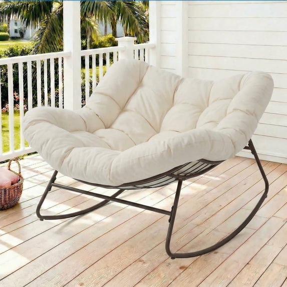 Dovov Oversized Papasan Rocking Chair, Indoor Outdoor Rocking Papasan Chair Steel Outdoor Rocker with Padded Cushion for Bedroom Living Room Patio Garden Porch Backyard Lawn Deck Balcony, Cream White