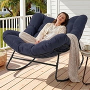 Dovov Oversized Papasan Rocking Chair, Indoor Outdoor Rocking Chair Patio Egg Chair with Cushion, Heavy Duty Steel Papasan Rocker Lounge Chair for Porch Balcony Nursery Living Room, Navy Blue