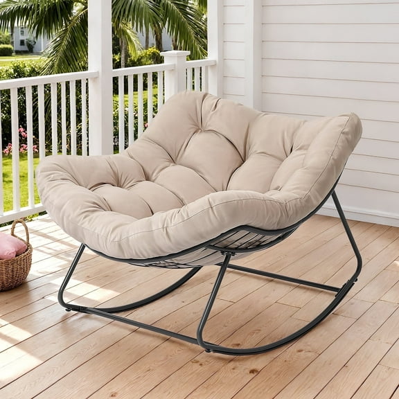 Dovov Oversized Papasan Rocking Chair, Indoor Outdoor Rocking Papasan Chair Steel Outdoor Rocker with Padded Cushion for Bedroom Living Room Patio Garden Porch Backyard Lawn Deck Balcony, Beige