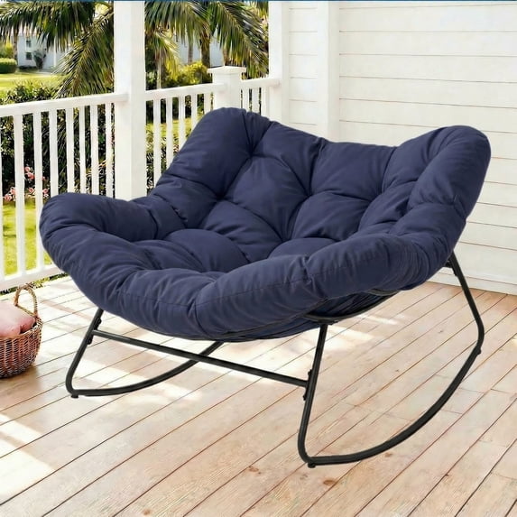 Dovov Oversized Papasan Rocking Chair, Indoor Outdoor Rocking Papasan Chair Steel Outdoor Rocker with Padded Cushion for Bedroom Living Room Patio Garden Porch Backyard Lawn Deck Balcony, Navy Blue