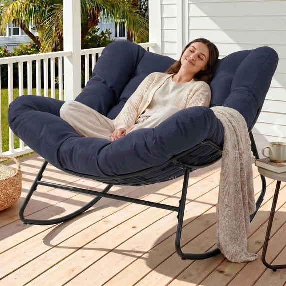 Dovov Oversized Papasan Rocking Chair, Indoor Outdoor Rocking Chair Patio Egg Chair with Cushion, Heavy Duty Steel Papasan Rocker Lounge Chair for Porch Balcony Nursery Living Room, Navy Blue