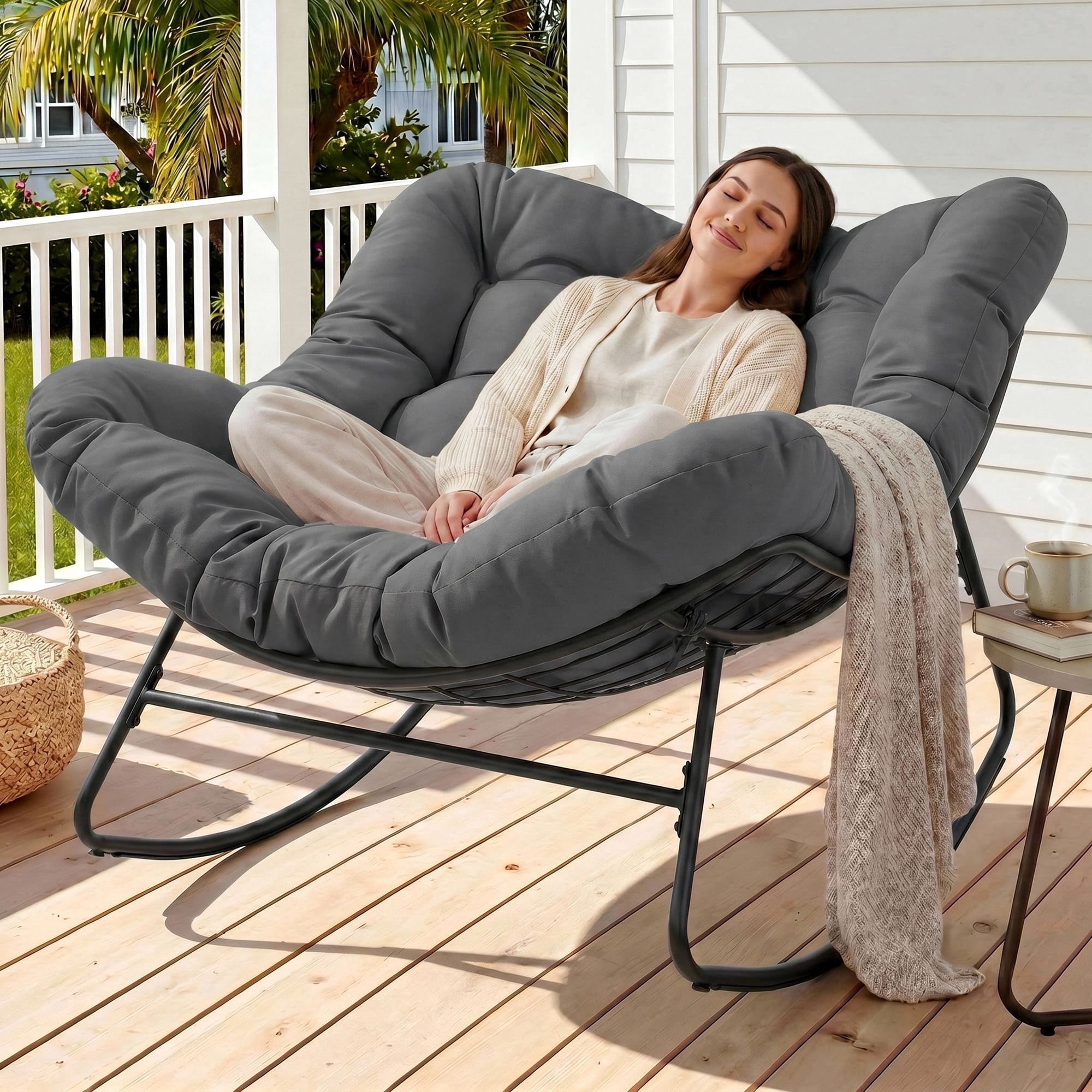 Dovov Oversized Papasan Rocking Chair, Indoor Outdoor Rocking Chair Patio Egg Chair with Cushion, Heavy Duty Steel Papasan Rocker Lounge Chair for Porch Balcony Nursery Living Room, Gray
