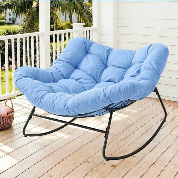 Dovov Oversized Papasan Rocking Chair, Indoor Outdoor Rocking Papasan Chair Steel Outdoor Rocker with Padded Cushion for Bedroom Living Room Patio Garden Porch Backyard Lawn Deck Balcony, Blue