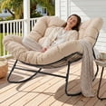 thumbnail image 1 of Dovov Oversized Papasan Rocking Chair, Indoor Outdoor Rocking Chair Patio Egg Chair with Cushion, Heavy Duty Steel Papasan Rocker Lounge Chair for Porch Balcony Nursery Living Room, Beige, 1 of 12