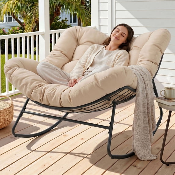 Dovov Oversized Papasan Rocking Chair, Indoor Outdoor Rocking Chair Patio Egg Chair with Cushion, Heavy Duty Steel Papasan Rocker Lounge Chair for Porch Balcony Nursery Living Room, Beige