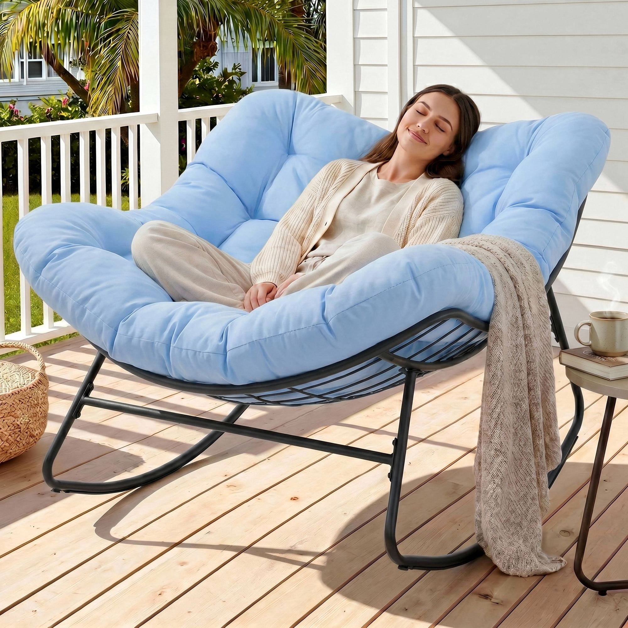 Dovov Oversized Papasan Rocking Chair, Indoor Outdoor Rocking Chair Patio Egg Chair with Cushion, Heavy Duty Steel Papasan Rocker Lounge Chair for Porch Balcony Nursery Living Room, Blue