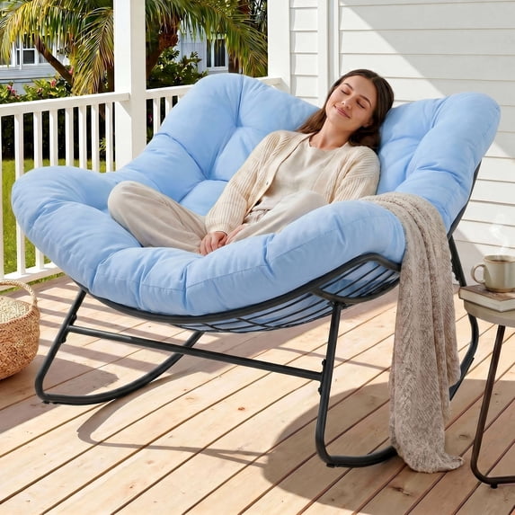 Dovov Oversized Papasan Rocking Chair, Indoor Outdoor Rocking Chair Patio Egg Chair with Cushion, Heavy Duty Steel Papasan Rocker Lounge Chair for Porch Balcony Nursery Living Room, Blue