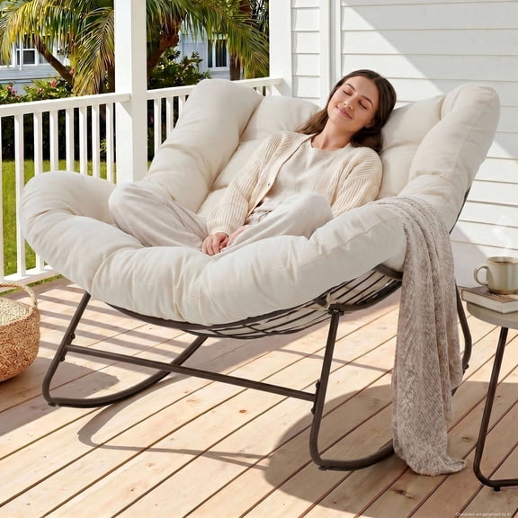Dovov Oversized Papasan Rocking Chair, Indoor Outdoor Rocking Chair Patio Egg Chair with Cushion, Heavy Duty Steel Papasan Rocker Lounge Chair for Porch Balcony Nursery Living Room, Cream White