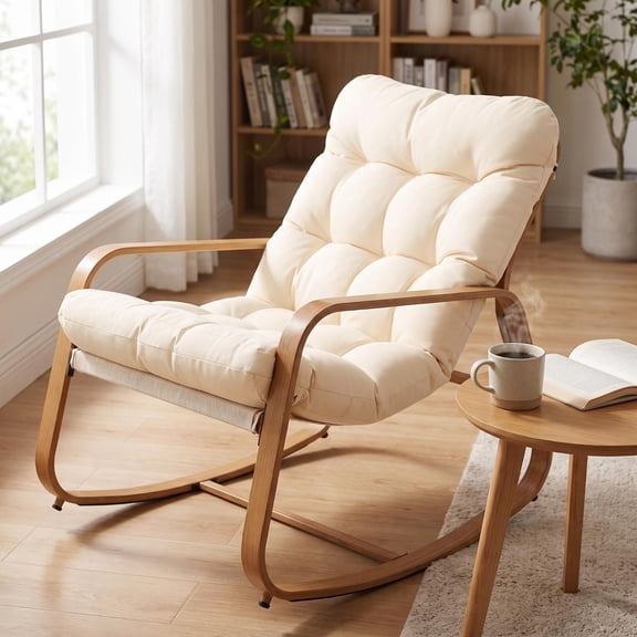 Dovov Oversized Rocking Accent Chair with Thick Cushion, Upholstered Nursery Rocking Chair Comfy Wood-Grain Frame Nursery Chair Indoor Rocker Chair Recliner Modern Lounge Chair, 400 lbs Capacity
