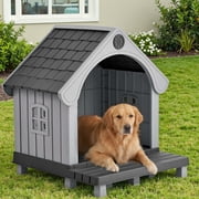 Dovov Plastic Dog House with Elevated Floor and Air Vents, Waterproof Doghouse Indoor Outdoor Dog Kennel with Porch, Large Puppy Shelter, Black Gray