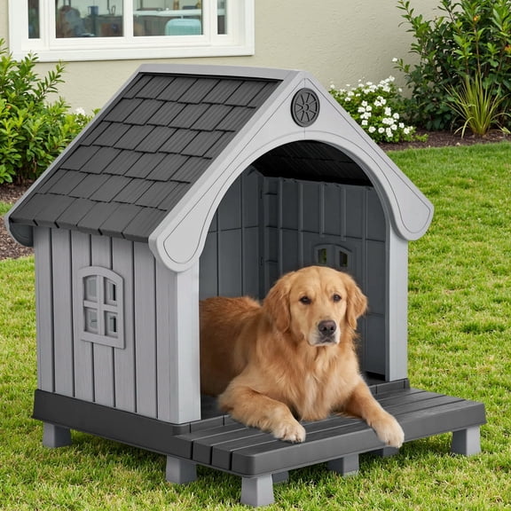 Dovov Plastic Dog House with Elevated Floor and Air Vents, Waterproof Doghouse Indoor Outdoor Dog Kennel with Porch, Large Puppy Shelter, Black Gray