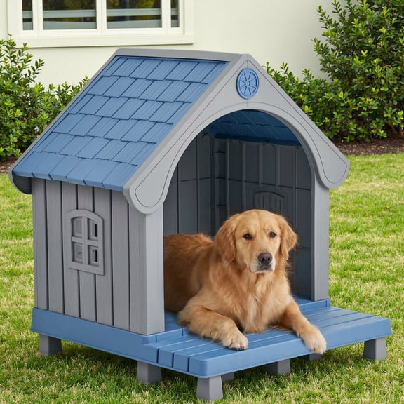 Dovov Plastic Dog House with Elevated Floor and Air Vents, Waterproof Doghouse Indoor Outdoor Dog Kennel with Porch, Large Puppy Shelter, Blue Gray