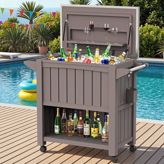 Dovov Outdoor Patio Cooler, 120 Qt Portable Outdoor Cooler Cart Rolling Ice Chest with Wheels, Insulated Beverage Bar Cart w/ Storage Shelf, Bottle Opener & Cap Collector, Stainless Steel Lid, Brown
