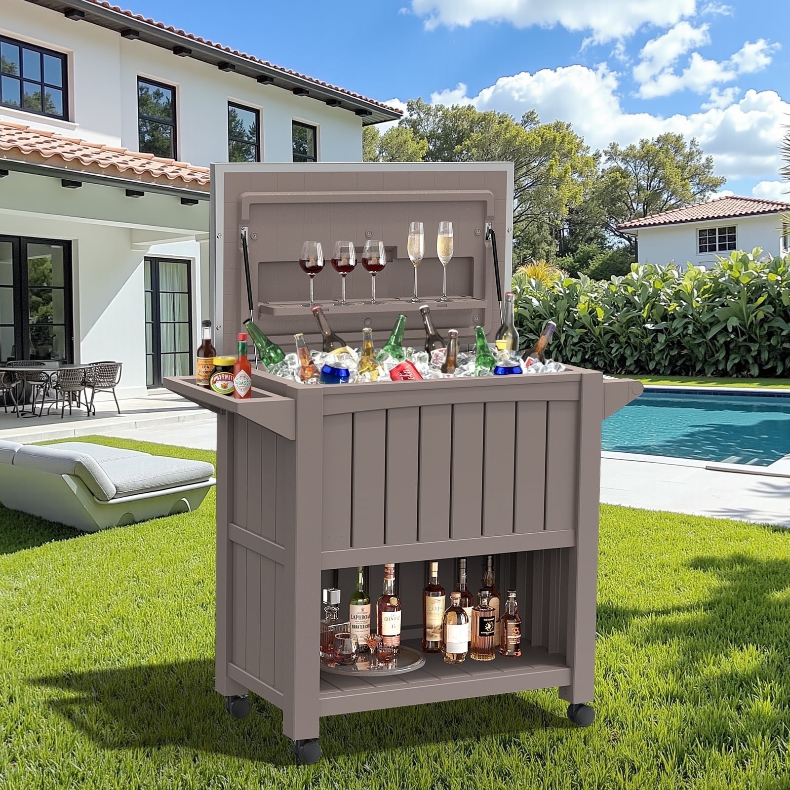 Dovov Portable Outdoor Patio Cooler Cart, 120 Quart Rolling Ice Chest Beverage Bar Cart Cooler with Wheels, Stainless Steel Lid, Bottle Opener, and Bottom Storage Shelf