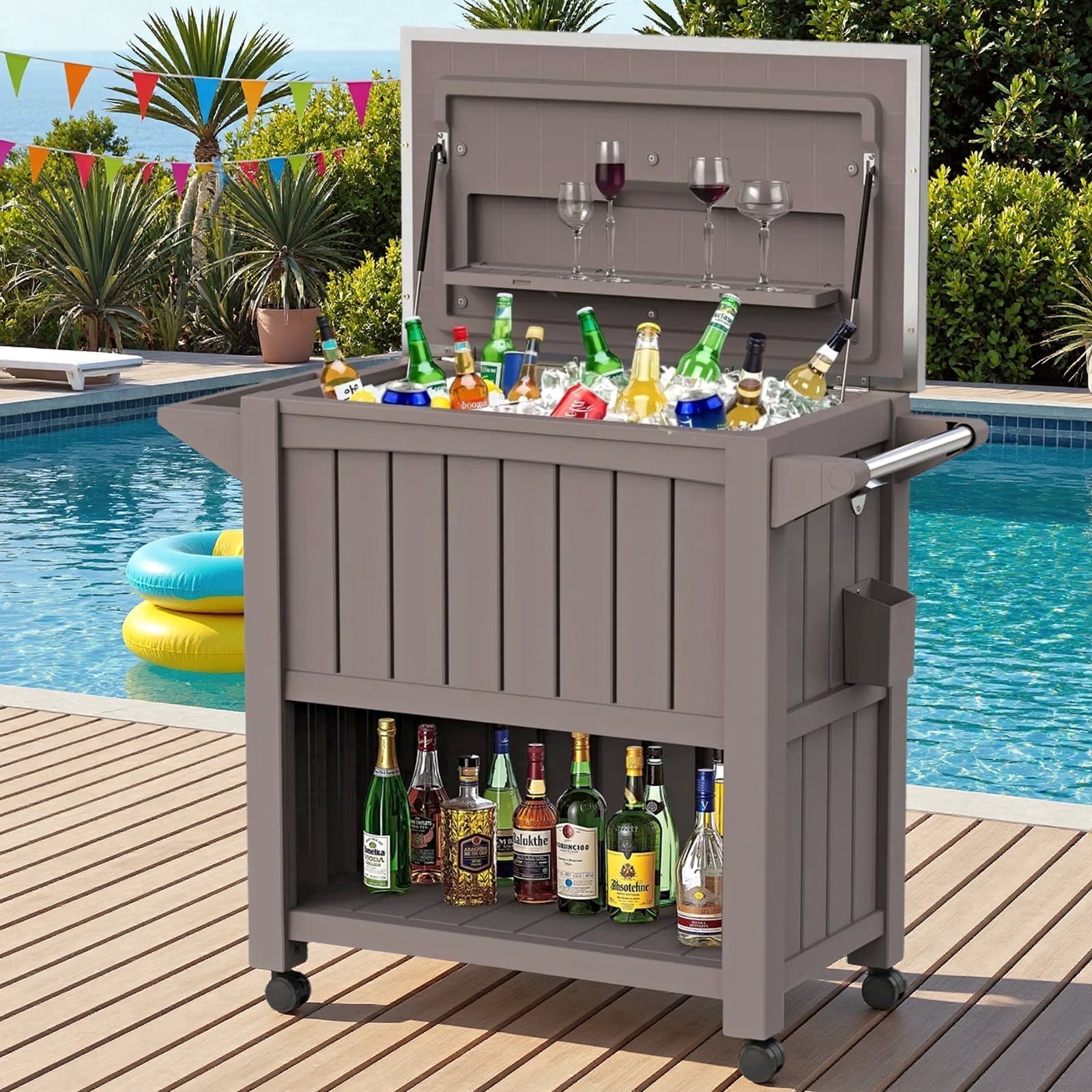 Dovov 120 Qt Rolling Cooler Cart, Portable Patio Cooler Outdoor Ice Chest Beverage Bar Cart w/ Wheels, Bottle Opener, Cap Collector, Stainless Steel Lid & Bottom Storage Tray, Brown