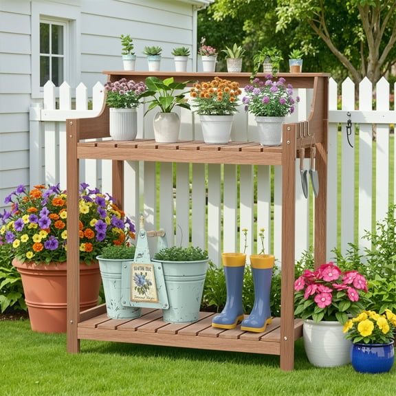 Dovov Potting Bench Table, HDPS Potting Table with 8 Hooks , All-Weather Garden Workstation Table Workbench for Outdoor Garden Patio