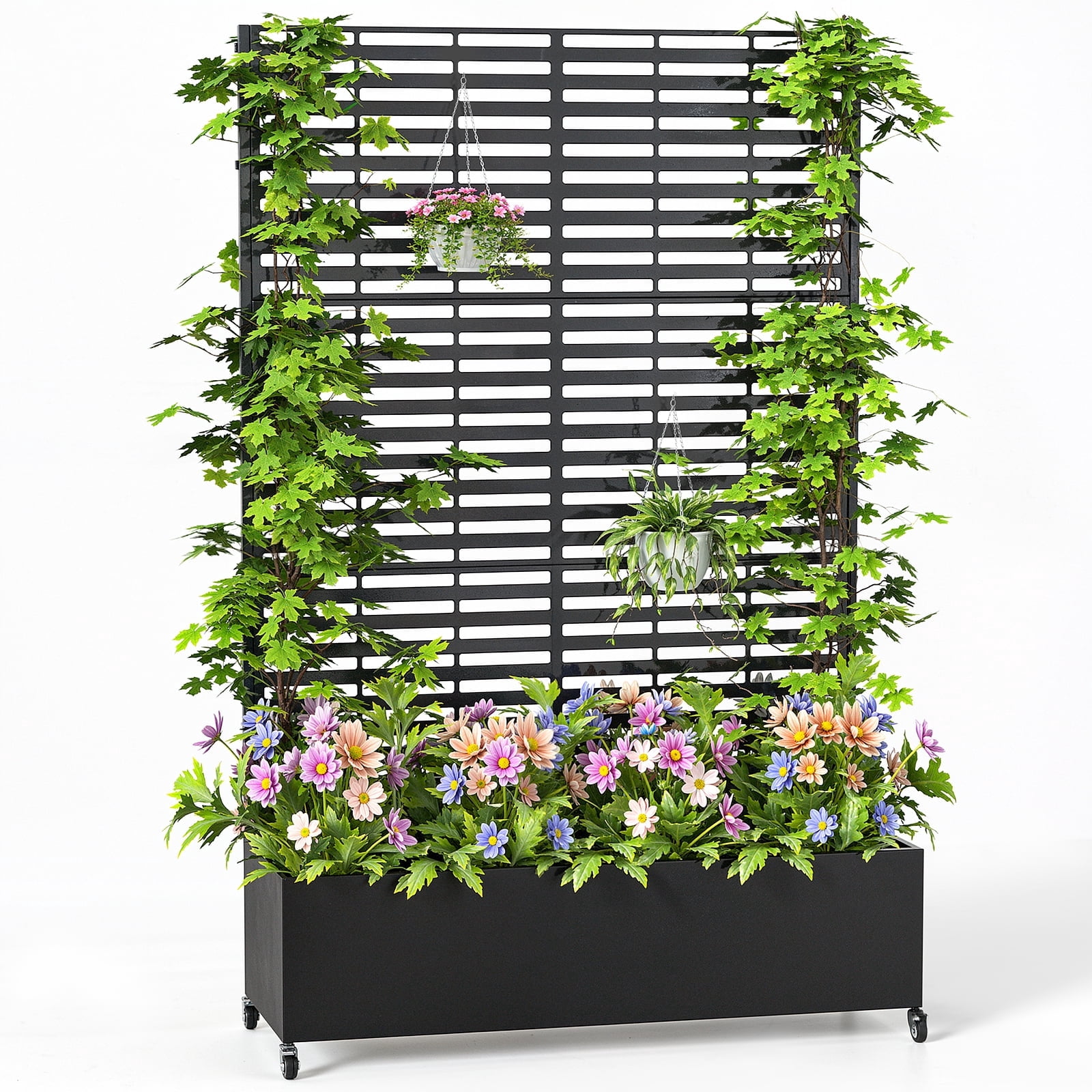 Dovov Raised Garden Bed with Trellis, Outdoor Metal Planter with Drainage Hole, Rolling Trellis Planter Box for Climbing Plants, 47"W x 73"H, Black