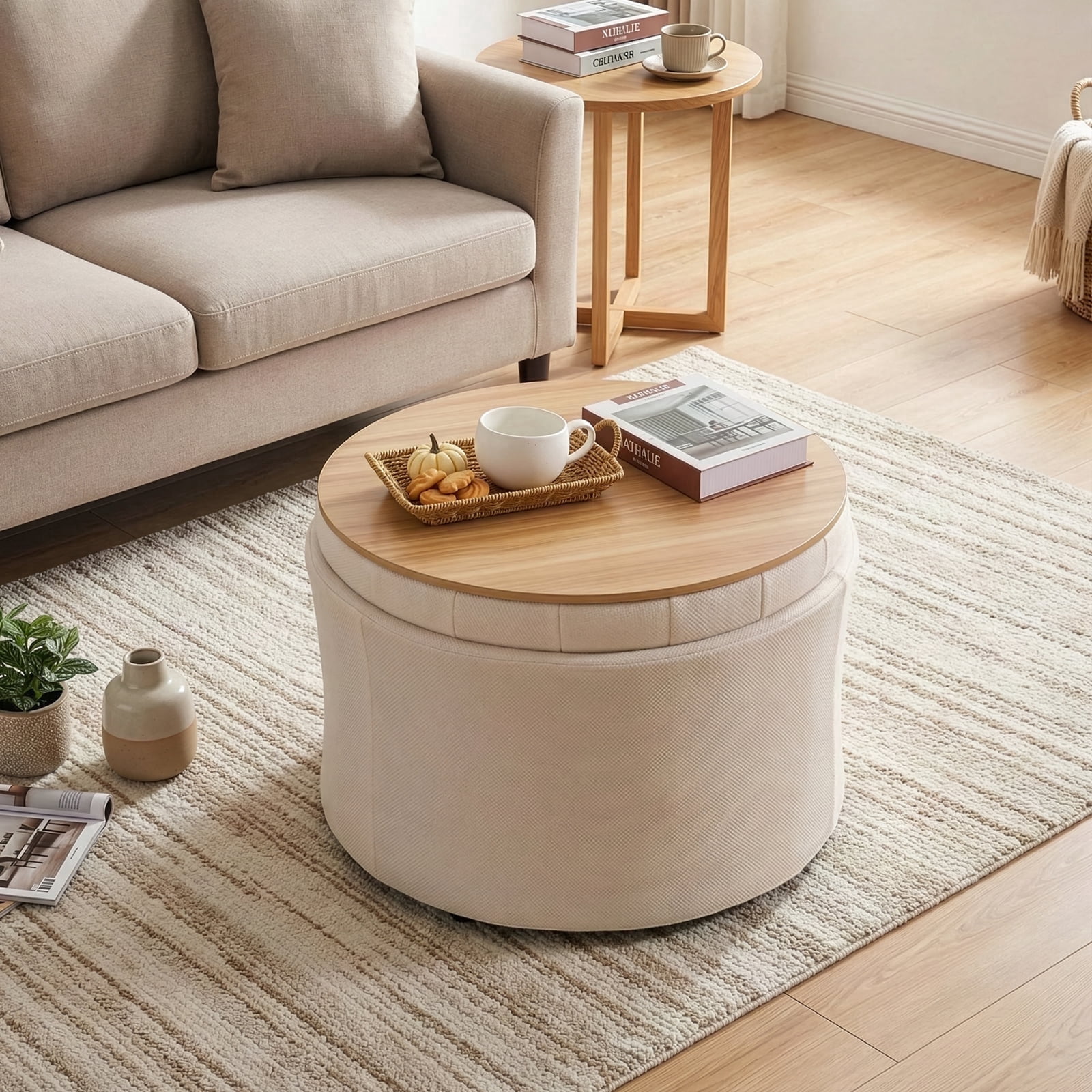 Dovov Round Ottoman with Storage and Reversible Tray, 25" Upholstered Footrest Coffee Table Button Tufted Storage Ottoman Foot Stool, Beige