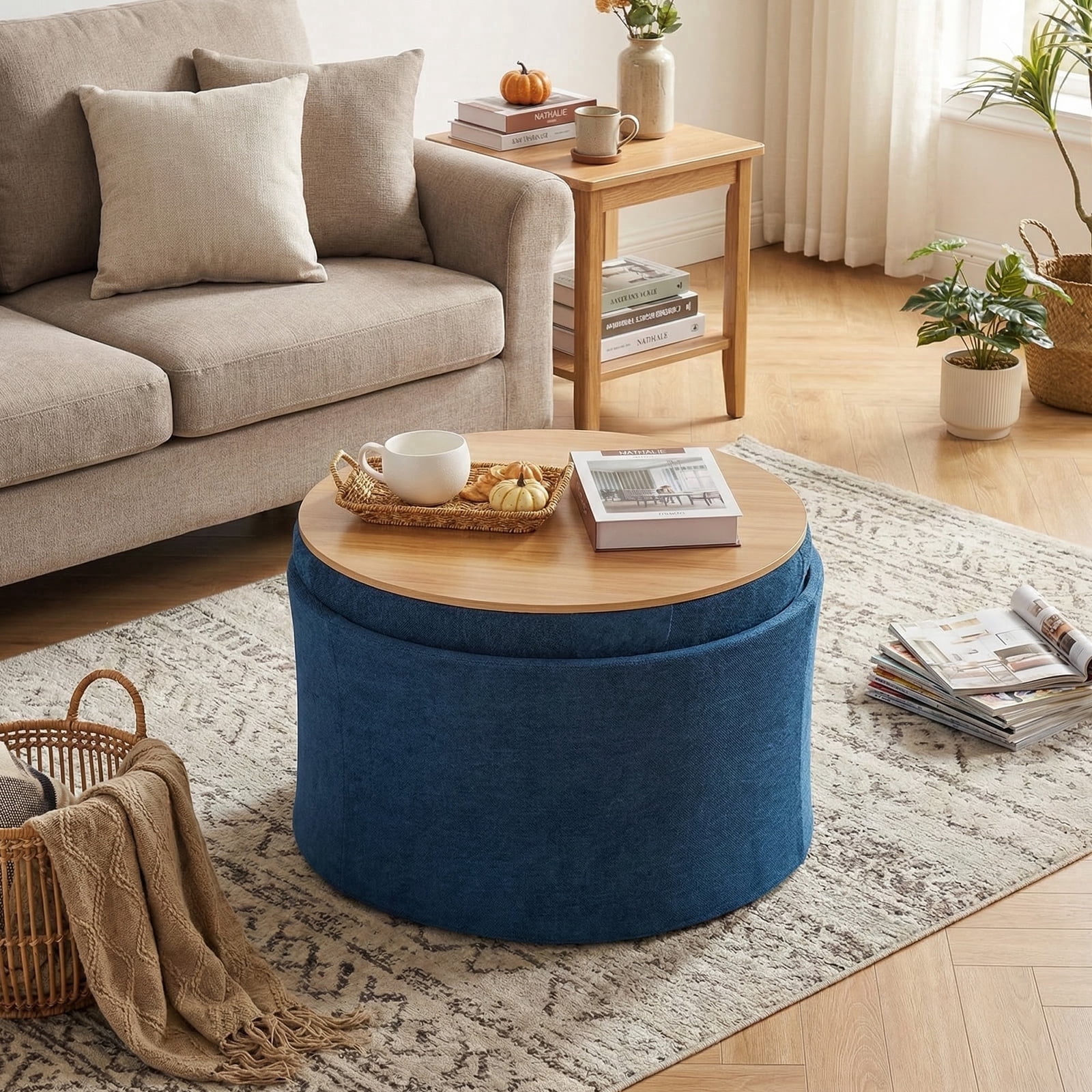Dovov Round Ottoman with Storage and Reversible Tray, 25" Upholstered Footrest Coffee Table Button Tufted Storage Ottoman Foot Stool, Blue