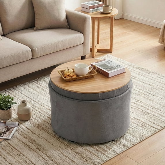 Dovov Round Ottoman with Storage and Reversible Tray, 25" Upholstered Footrest Coffee Table Button Tufted Storage Ottoman Foot Stool, Gray