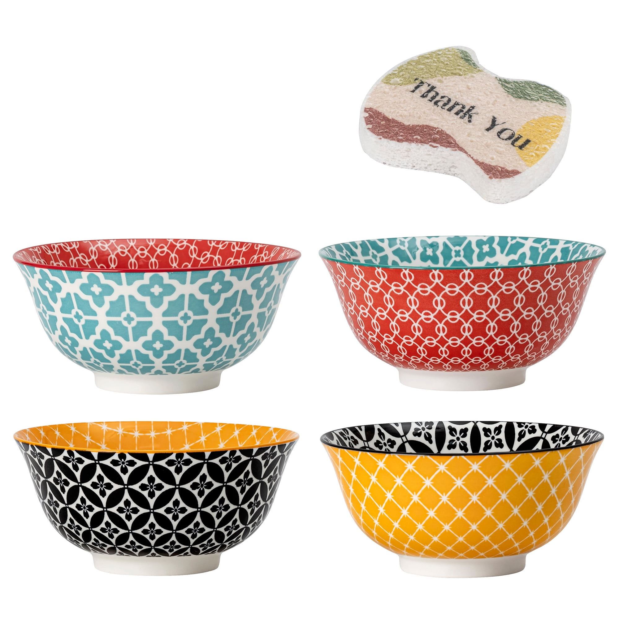 Dowan 4-Piece 6-Inch Vibrant Joy Ceramic Soup Salad Cereal Bowl, 23Oz Colorful Glazed Bowls for Party,  Porcelain Dessert Bowl with Free Sponge