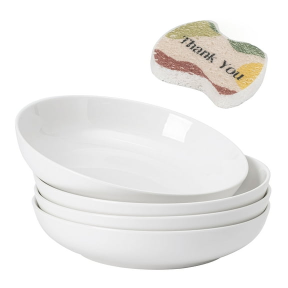 Dowan 9.75in White Deep Pasta Bowl Set of 4, Porcelain Salad Bowls, 50Oz Large Ceramic Serving Bowls Set and Plates Sets, Free Sponge