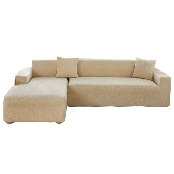 Dowbom 2 Pieces Sofa Slipcover L Shape,Super Stretch Sectional Couch Cover with Elastic Bottom Furniture Protector Anti-Scratch Washable Jacquard Sofa Cover for Living Room Decor-3+3 Seater-Beige