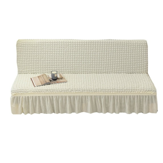Dowbom Armless Futon Cover with Skirt,Stretch Foldable Sofa Bed Slipcover Protector Removable Washable Anti-Dust Solid Color Without Armrests Futon Slipcover for Living Room-large(190-230cm)-white