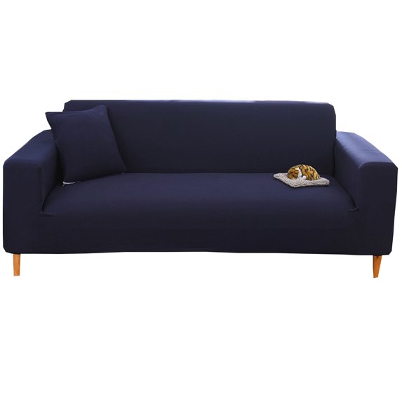 Dowbom Stretch Sofa Slipcover,1-Piece Couch Cover with 2 Pillowcase Furniture Protector Universal Washable Soft Solid Color Sofa Cover with Elastic Bottom for Pets Cat Dog Kids-L(185-230cm)-Navy blue