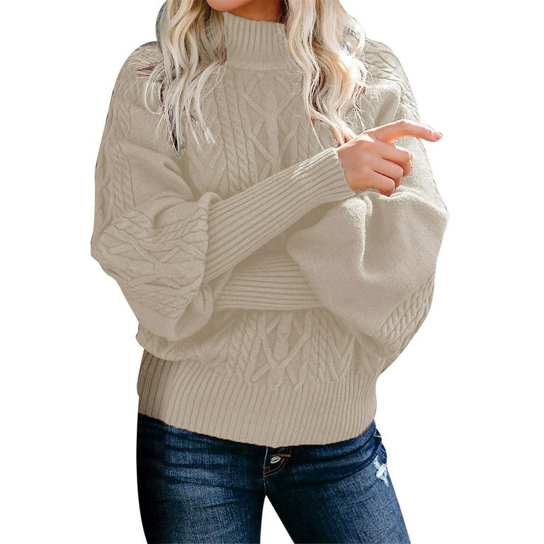 Dowegor Women s Winter New Mid Neck Loose Long Sleeve Knitted Solid Color Sweater Oversized Sweater Knit Sweater Womens Fall Sweaters Beige XL