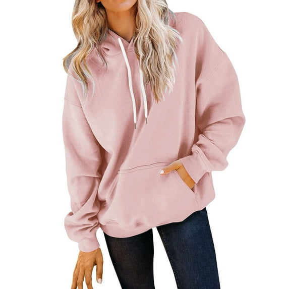Dowegor Women's Casual Pocket Hoodie Long Sleeve Fashion Rope Pullover Hoodie Top Women's Fashion Hoodies & Sweatshirts Hooded Sweatshirt Women Womens Fall Sweatshirts Pink Xl