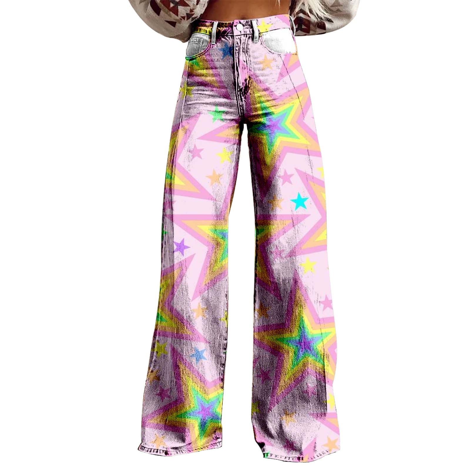 Women Pink Floral Print Denim Straight Pants Spring
