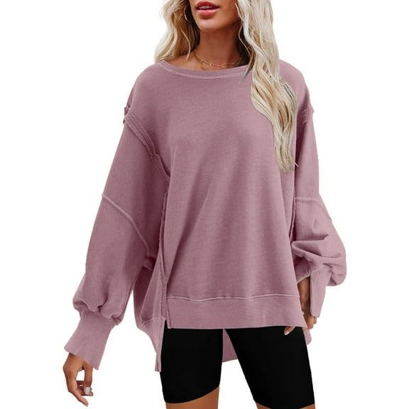 Dowegor Womens Oversized Crewneck Solid Color Sweatshirt Side Slit Long Sleeve Pullover Slouchy Fit Tops Women's Fashion Hoodies & Sweatshirts Hooded Sweatshirt Women Womens Fall Sweatshirts Pink S