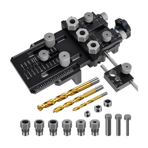 Dowel Drilling Guide, Aluminum Alloy Joinery Jig with Adjustable Positioning, Inch Markings, Three Common Sizes for Furniture Work