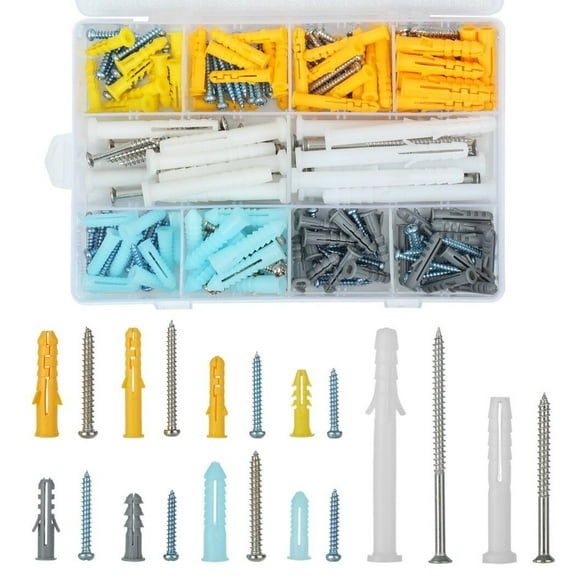 Dowel Screws Set with Box, 200 Pcs Wall Dowel Screws for Drywall, Self-Tapping Expansion Screws Kit, Assortment Expansion Towel Screws Kit for Hanging Mirrors Photo Frames Wall Racks