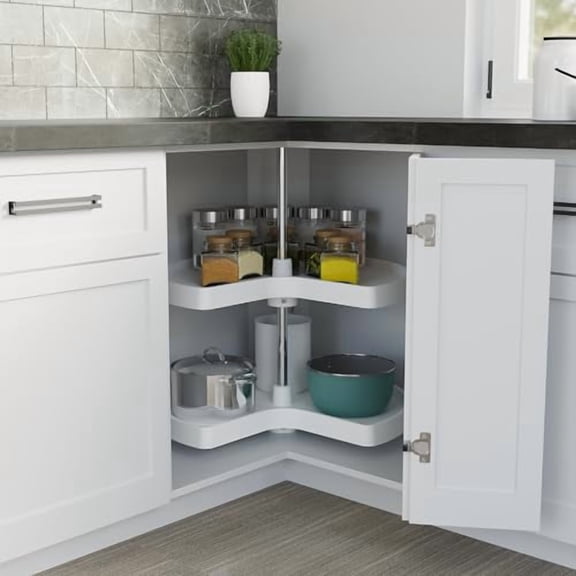 Dowell 2-Tier Kidney Shape Lazy Susan for Corner Base Cabinets, Plastic, 28" Double Shelf Swivel Kitchen Organizer in White -4011 28