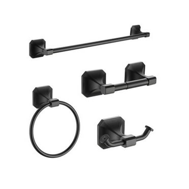 Gatco Elevate 4-Piece Bathroom Accessory Set In Matte Black - 24" Towel Bar, Ring, TP Holder, Robe Hook