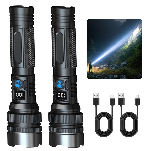 Dowellia Rechargeable Flashlight High Lumens Portable Flash Light with LCD Digital Display, 3 Modes, Waterproof Zoomable Torch for Hiking Camping Emergency Home and Outdoor Use, 2 Pack