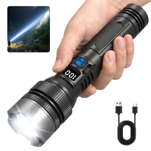 Dowellia Rechargeable Flashlight High Lumens, LCD Digital Display, 3 Light Modes, Zoomable Waterproof Portable Torch for Hiking, Camping, Emergency
