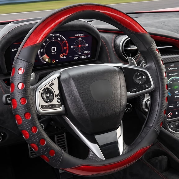 Dowellia Steering Wheel Cover, PU Leather Anti-Slip Grip for 15 Inch Steering Wheels, Universal Fit Car Interior Accessory for Cars Trucks SUVs, Black & Red
