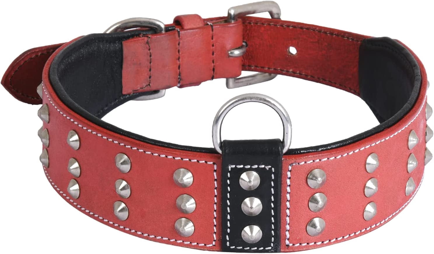 DowgClub | Genuine Leather Dog Collar with Riveted Spikes | Saddle Grade, Full Grain, Heavy Duty | Comfortable, Cushion Padding Inside, Strong | Best for Medium, Large, XL Breeds